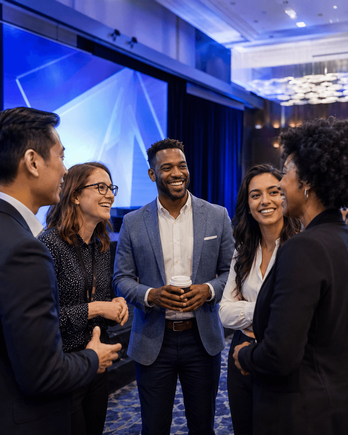 Colleagues talking and laughing at a conference