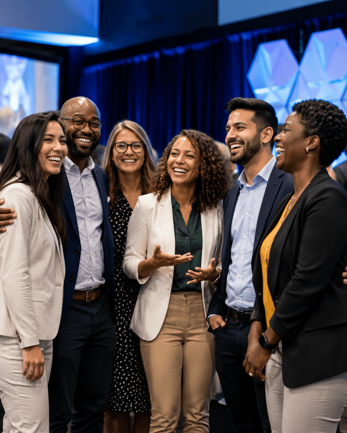 A group of colleagues smiling together at an event