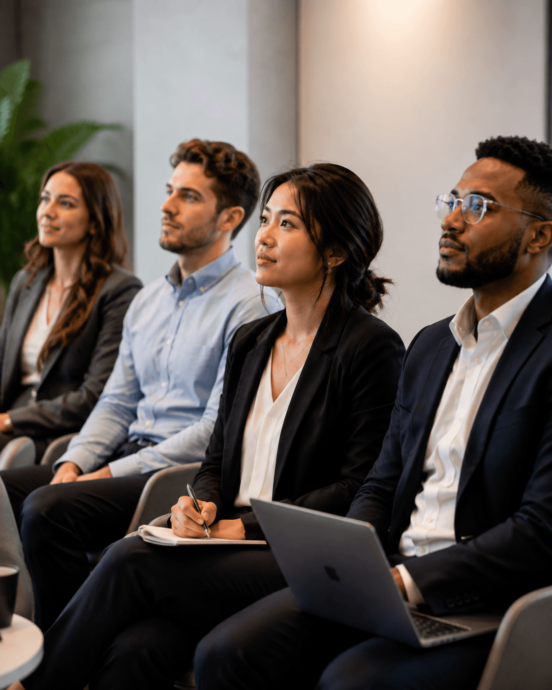 A row of colleagues attentively watching a presentation