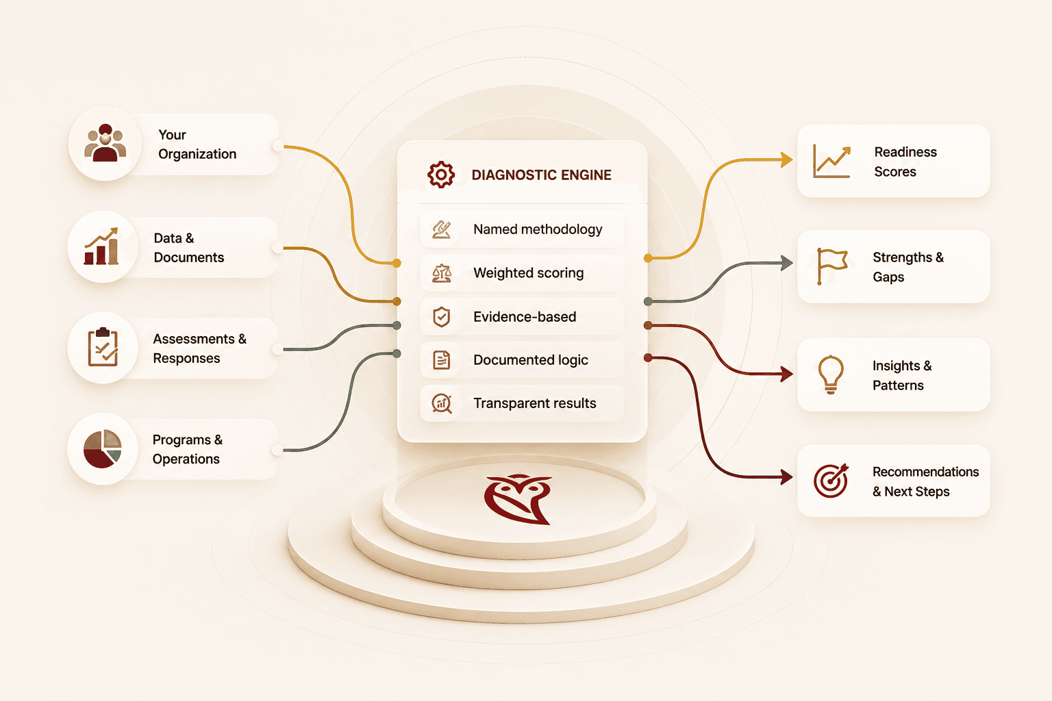 A Diagnostic Engine diagram showing organizational inputs flowing to readiness scores, strengths and gaps, insights, and recommendations