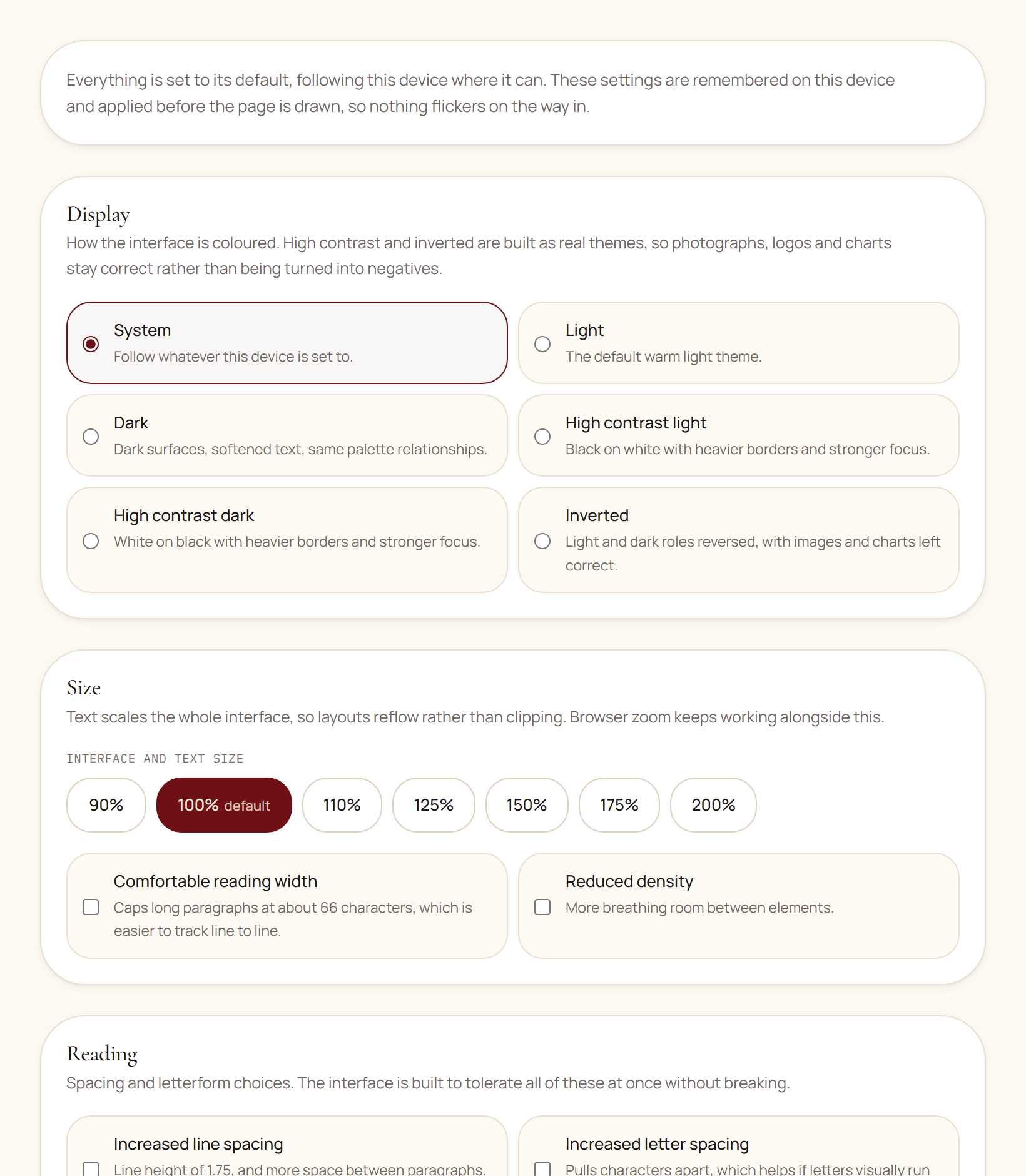 A settings panel listing theme, text size, motion, transparency, line and letter and word spacing, font, reading width, density, and focus indicator options