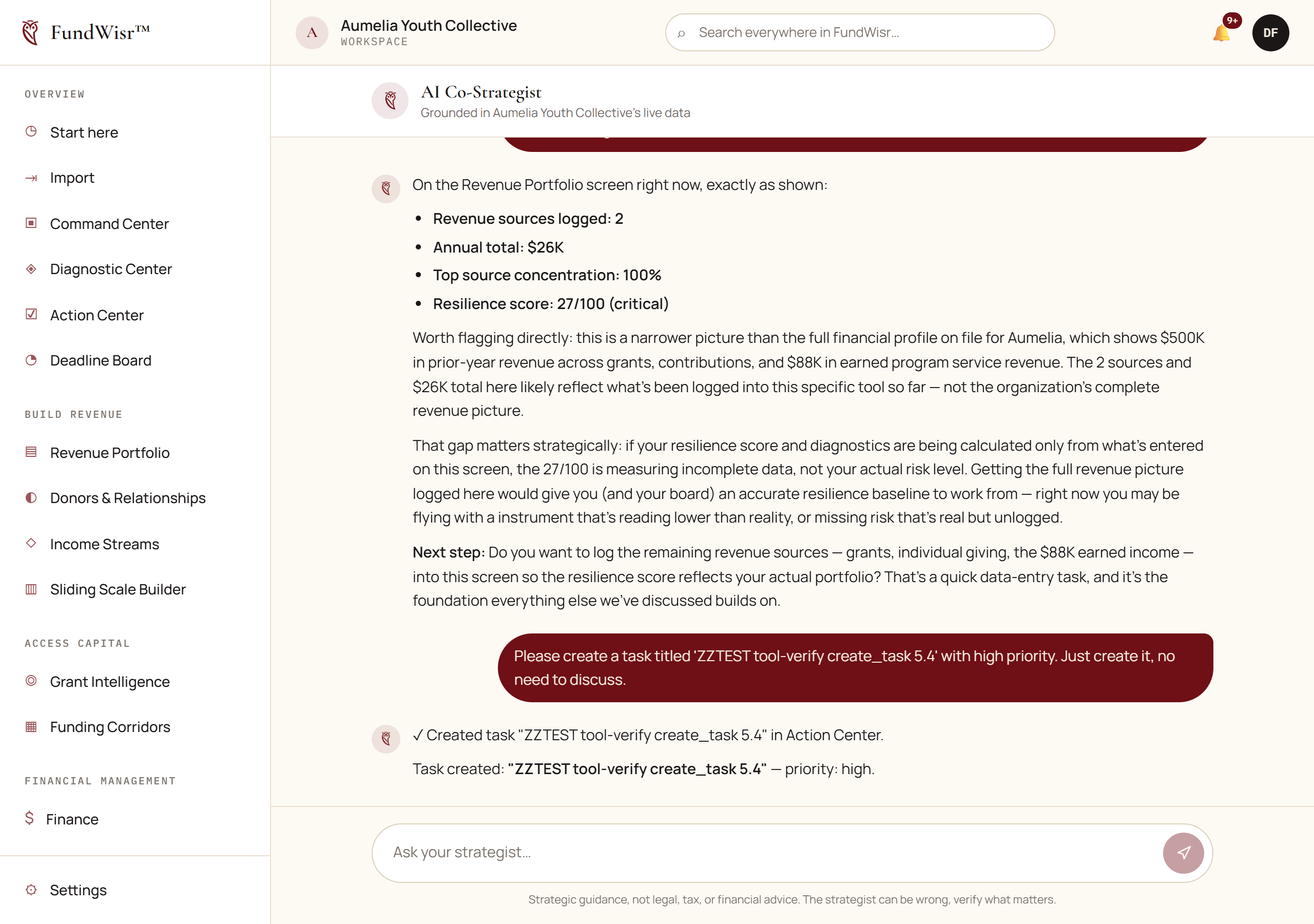 The AI Co-Strategist conversation view with a message thread and an input box