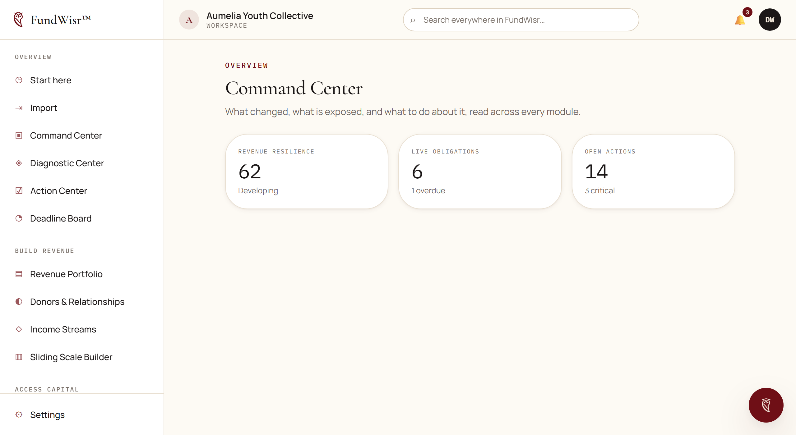 The application layout showing a grouped navigation sidebar on the left, a top bar with search and account menu, and a content area with a page header and cards