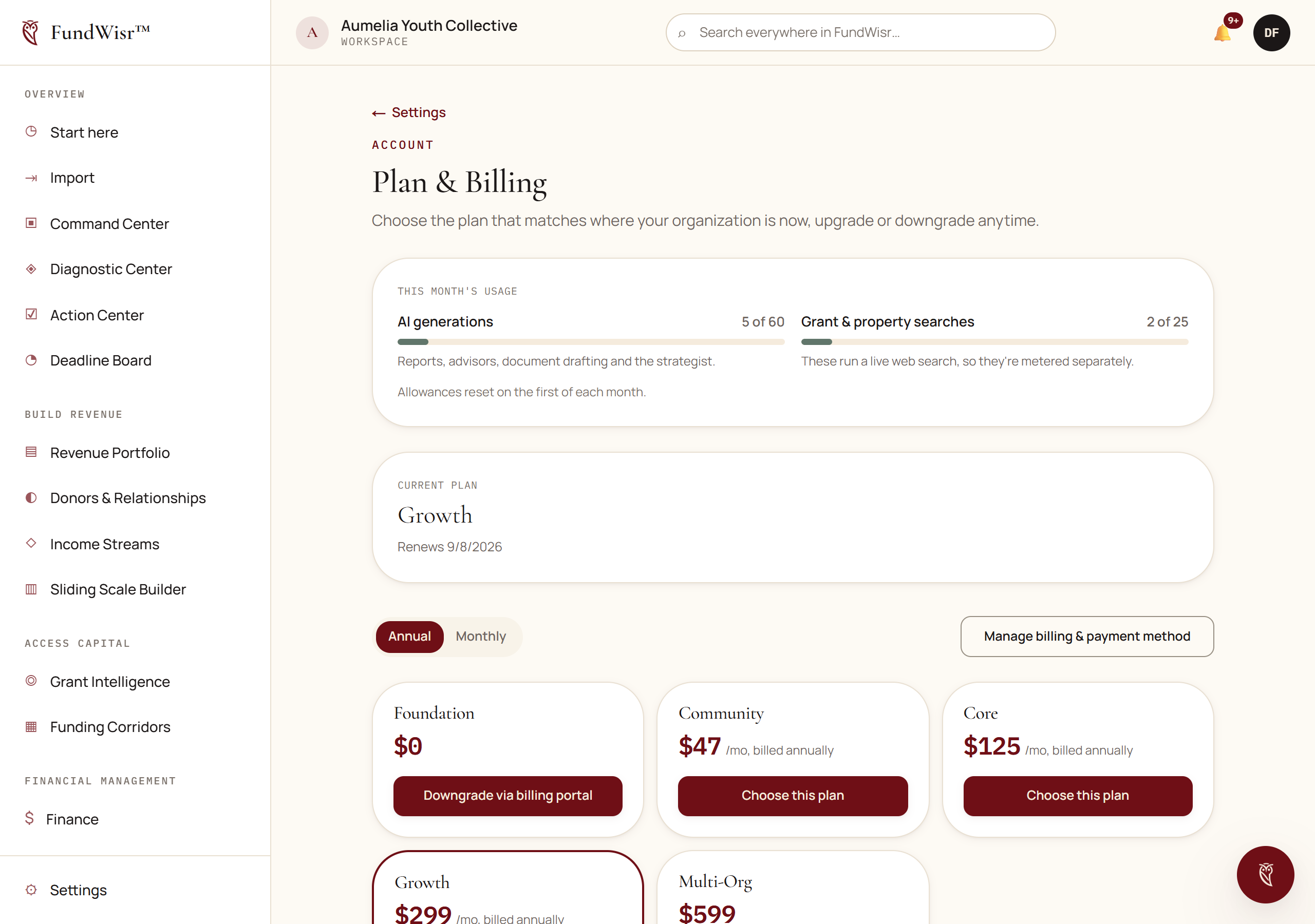 The Plan and Billing settings page showing the current plan, seat count and available tiers