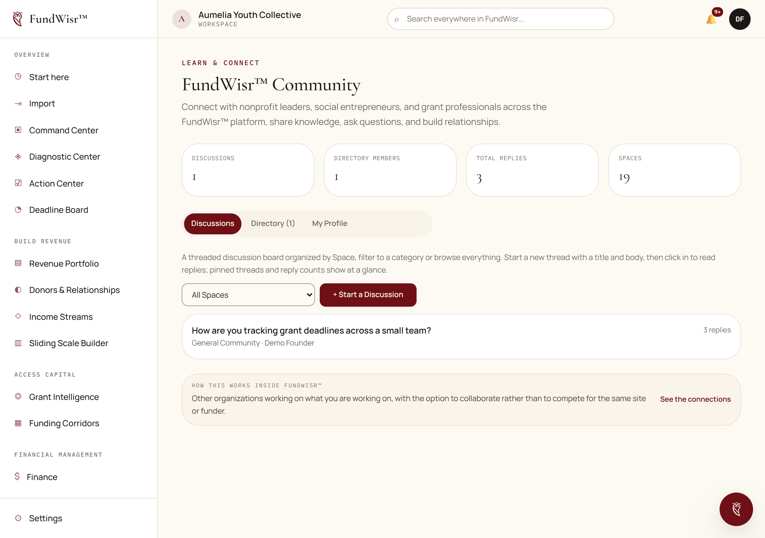 The FundWisr Community page showing a directory of opted-in organizations and discussion threads