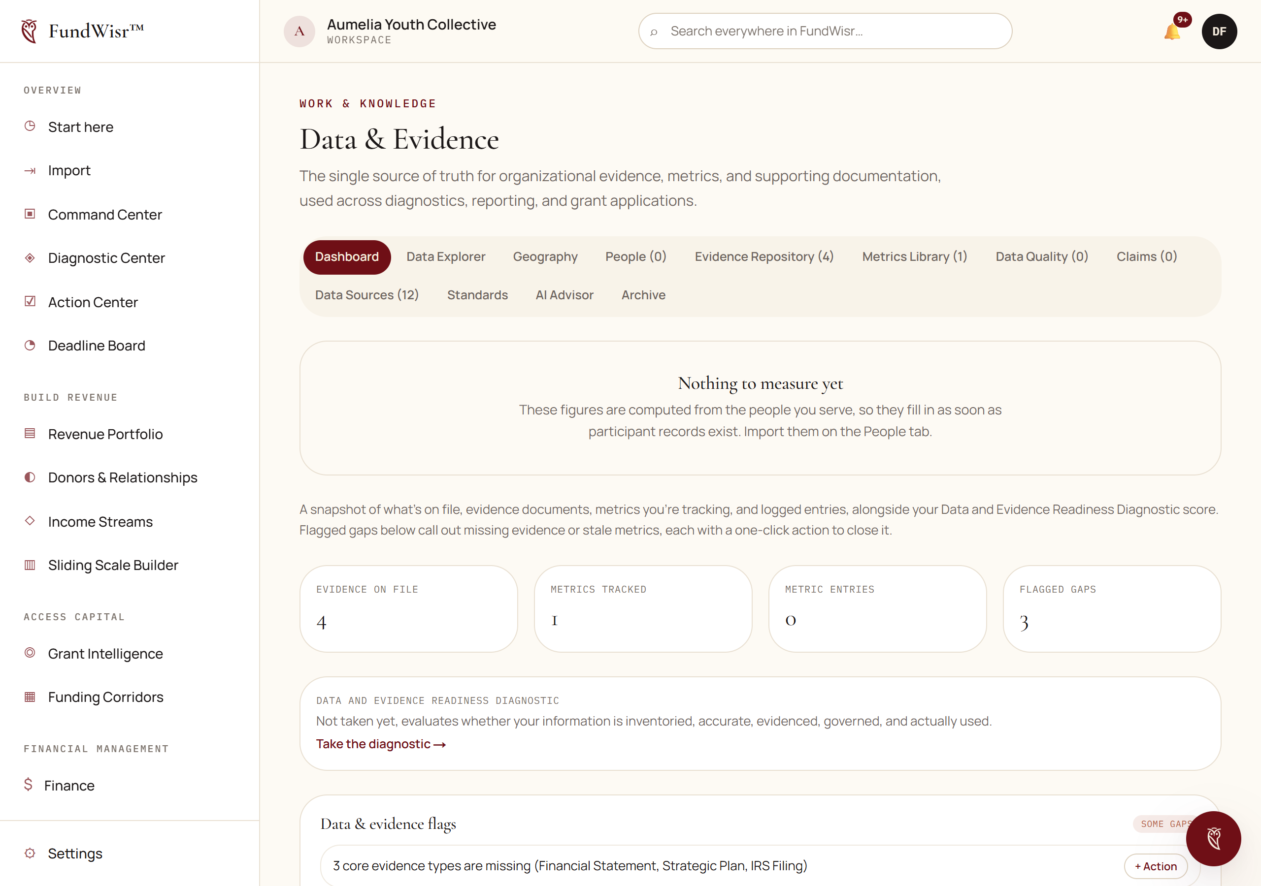 The Data and Evidence page listing documents with their evidence type and what each is linked to