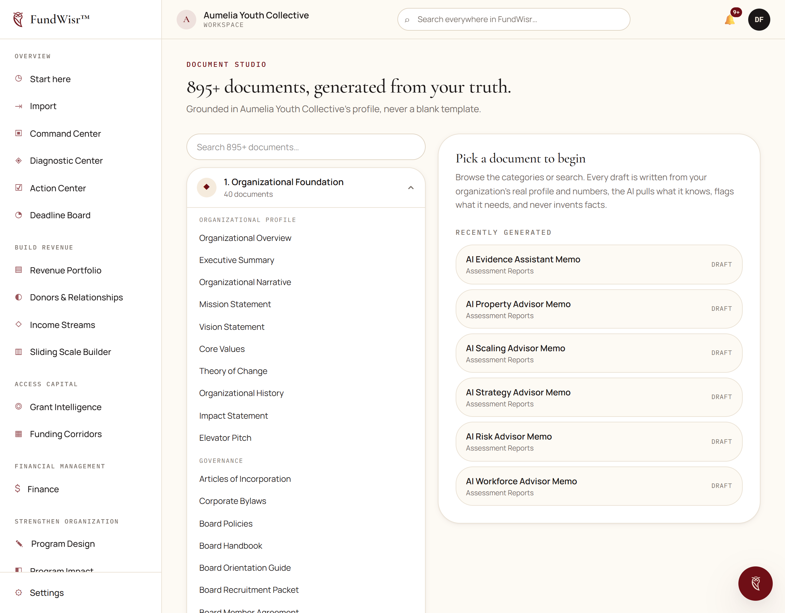 The Document Studio showing the document library in categories beside a selected document's guiding questions