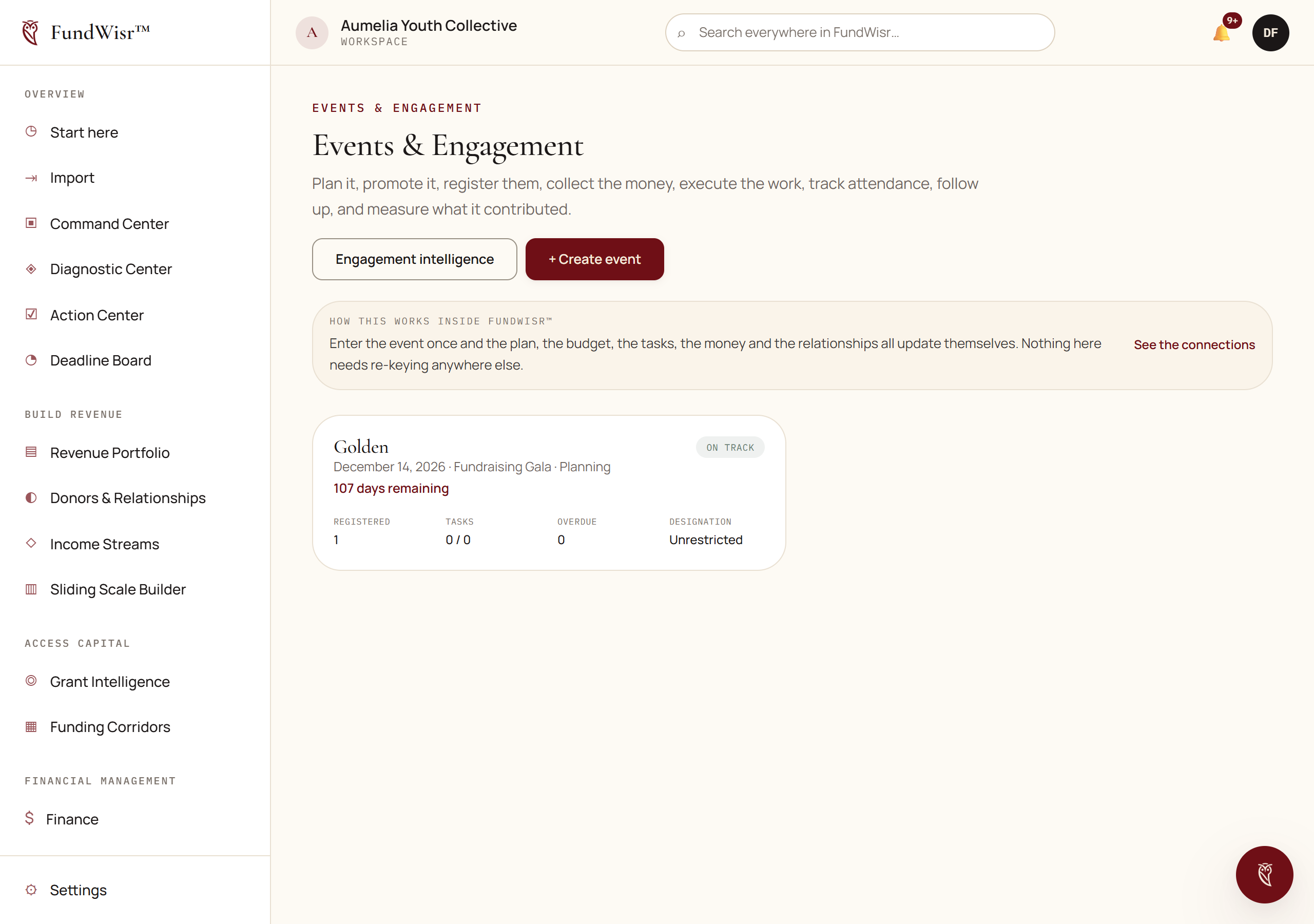 The Events page listing events with dates, capacity and registration counts