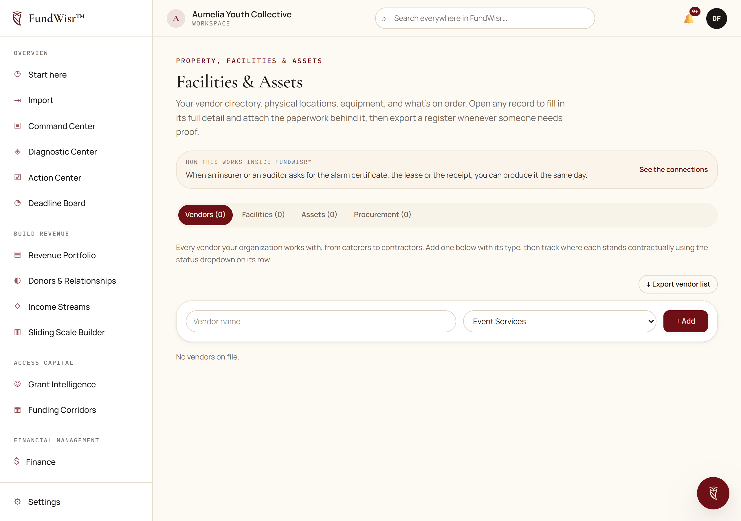 The Facilities and Assets page showing tabbed sections for facilities, assets, vendors and procurement