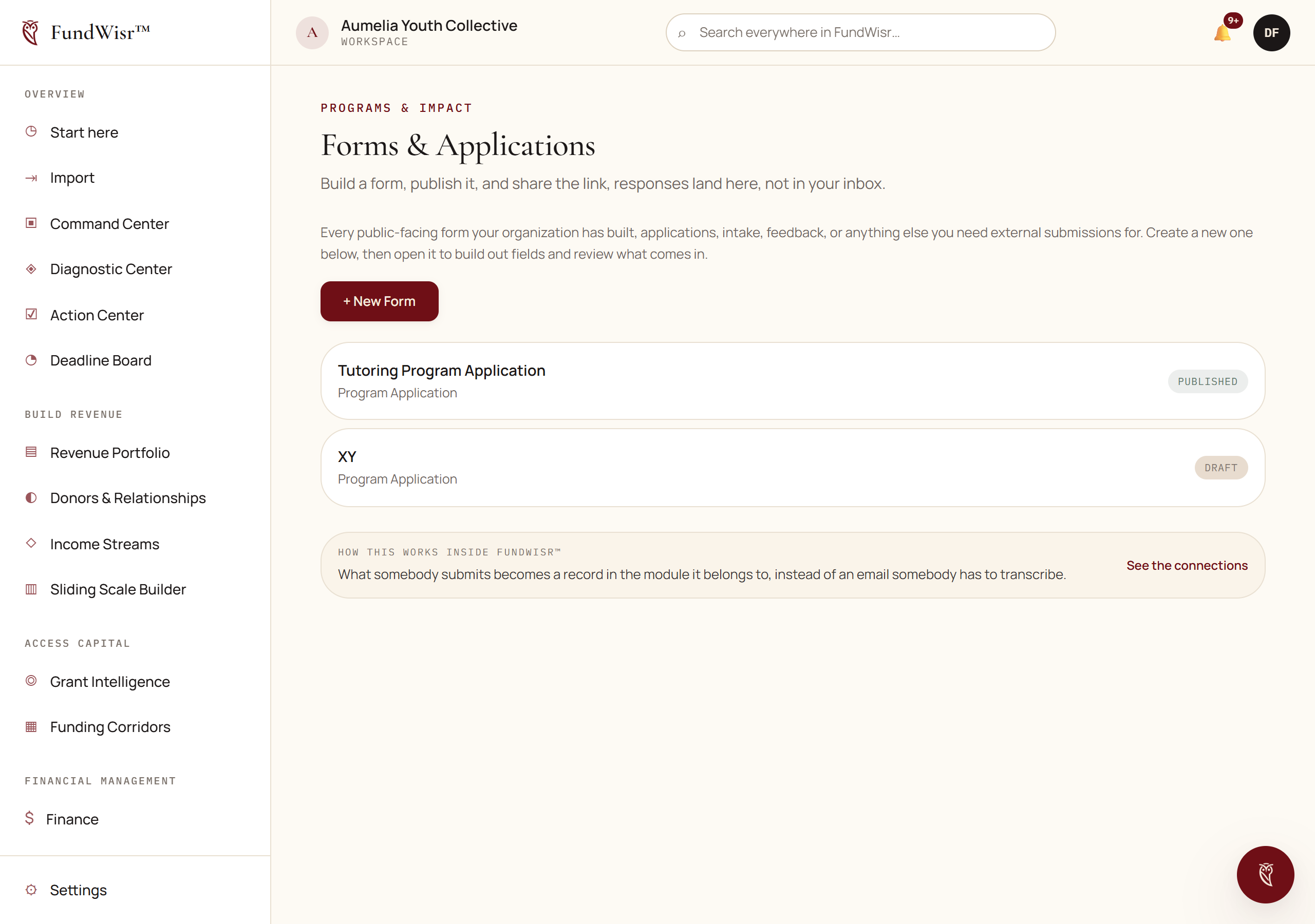 The Forms and Applications page listing forms with their status and response counts