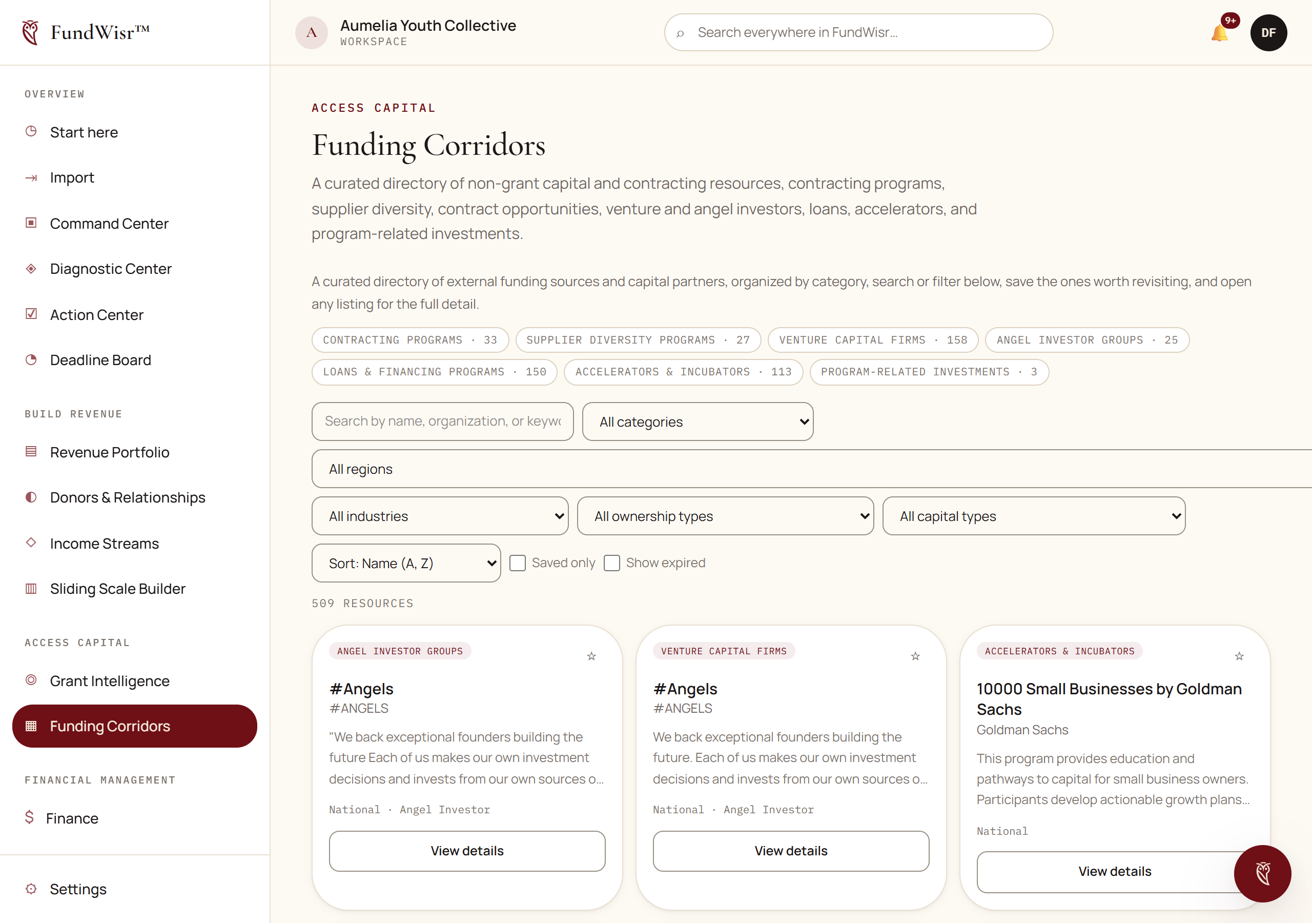 The Funding Corridors directory showing resource cards grouped by category, with filters