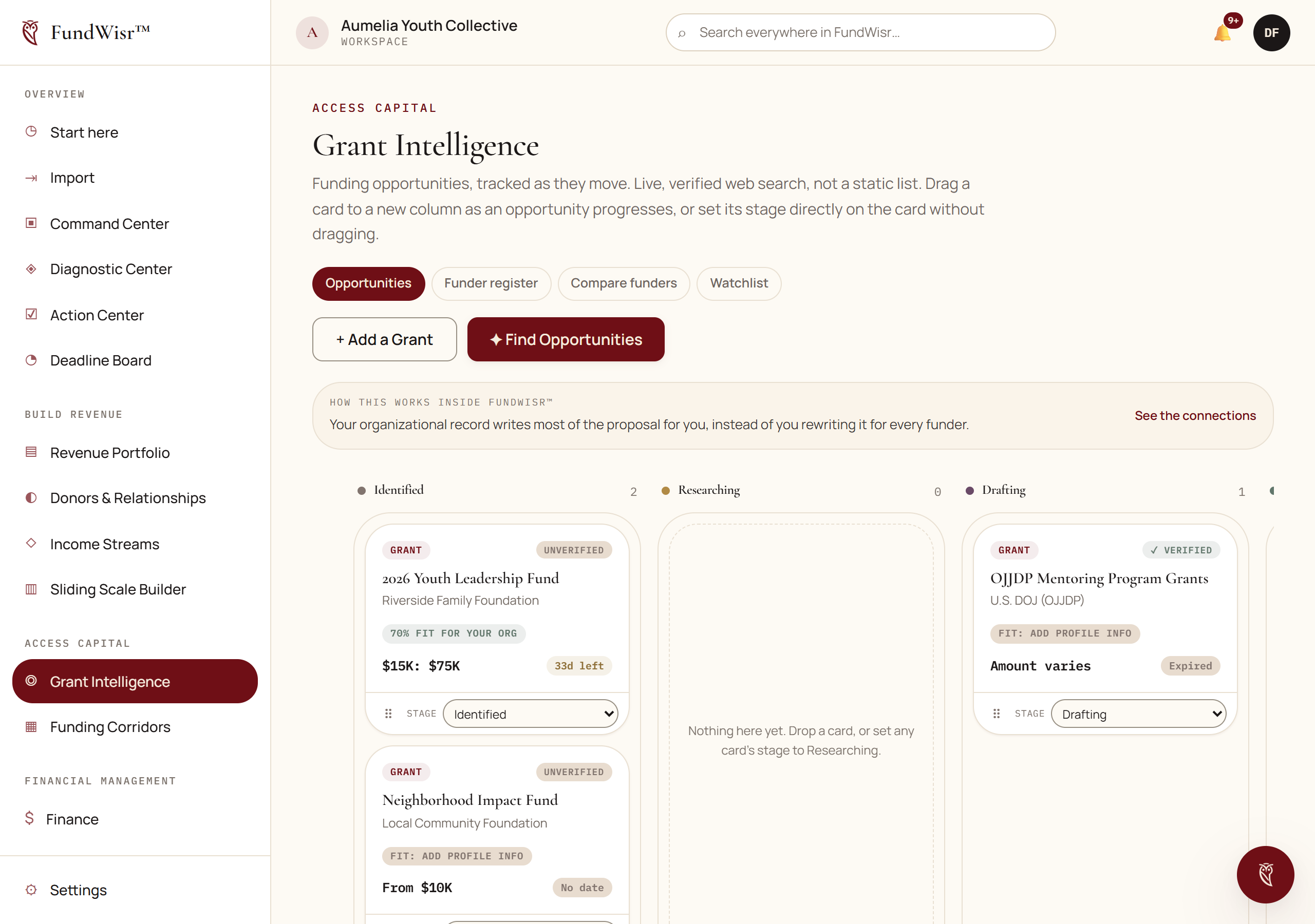 The Grant Intelligence page with a search panel and opportunity results, each showing a fit score