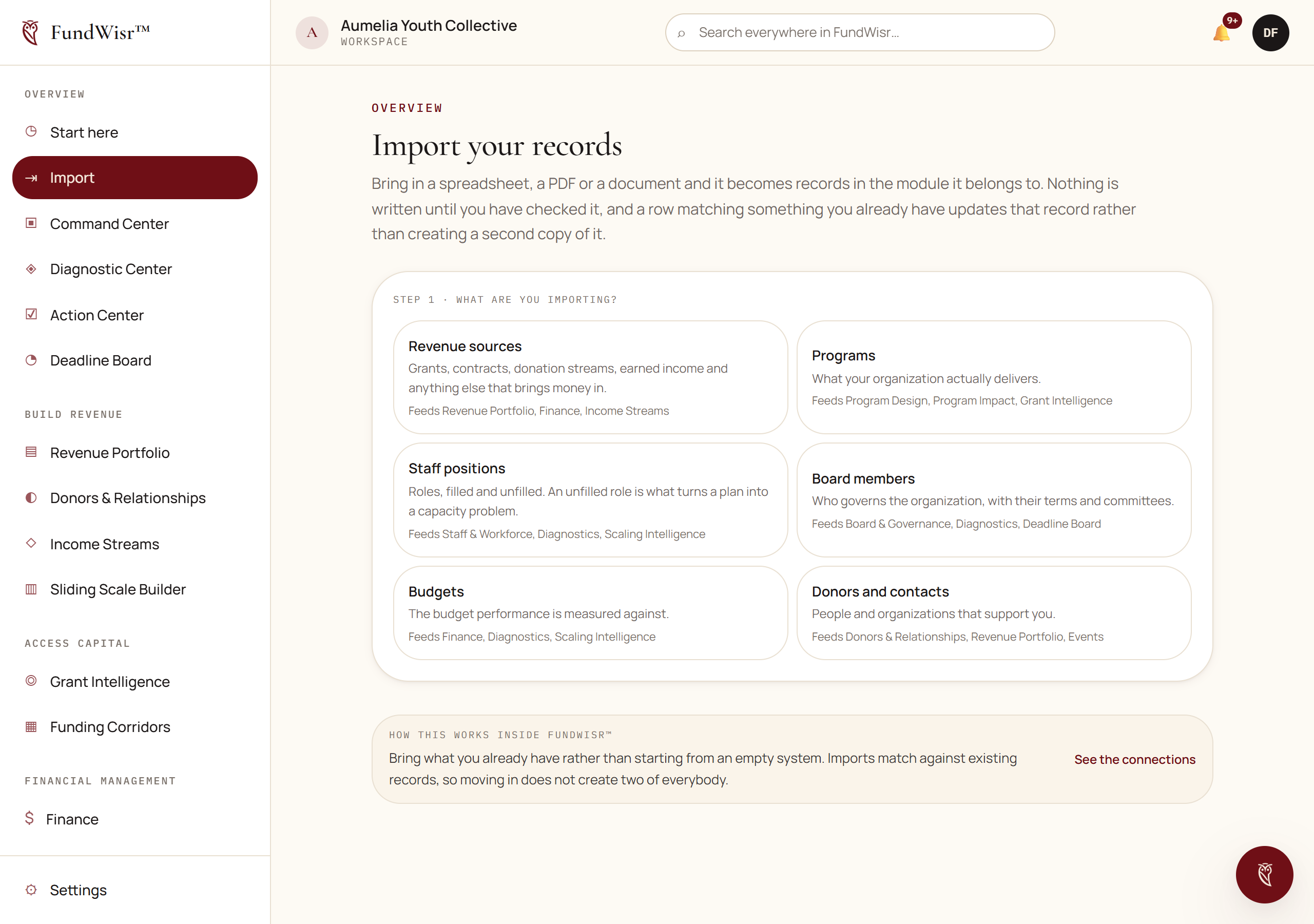 The Import page describing where donors, properties and documents can be brought in from