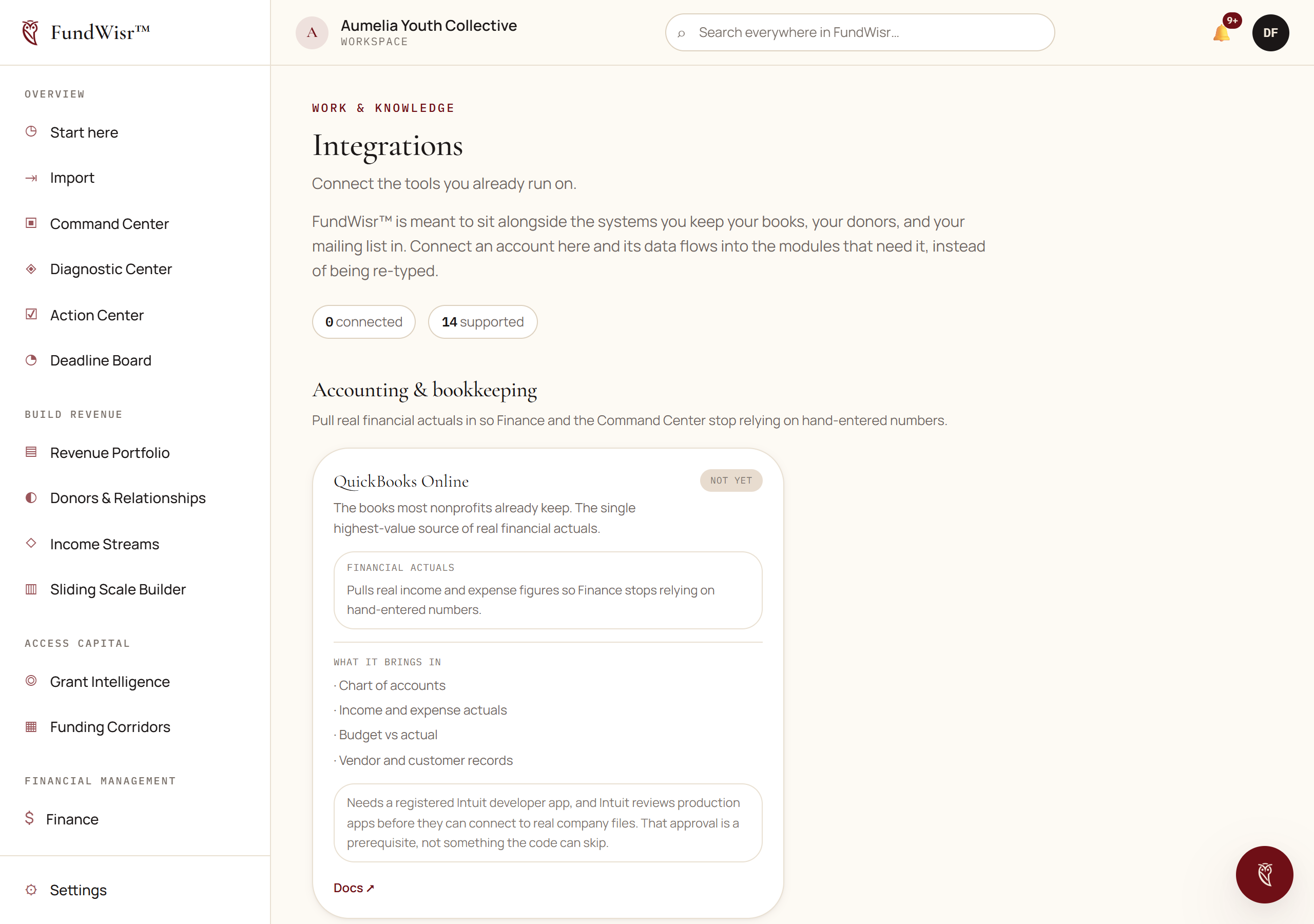 The Integrations page showing provider cards, each with its connection and sync state