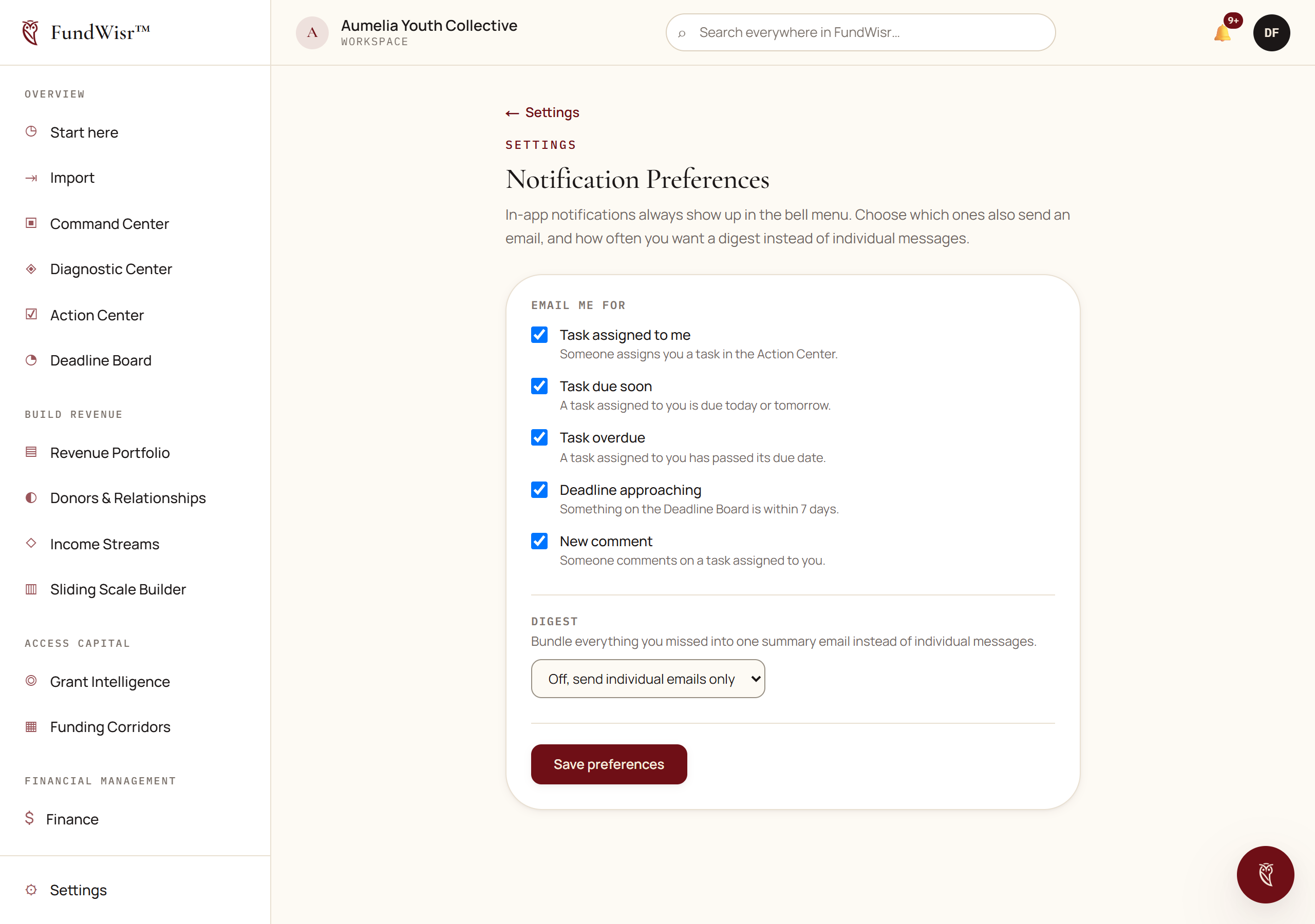 The Notification Preferences page listing notification types with toggles for each
