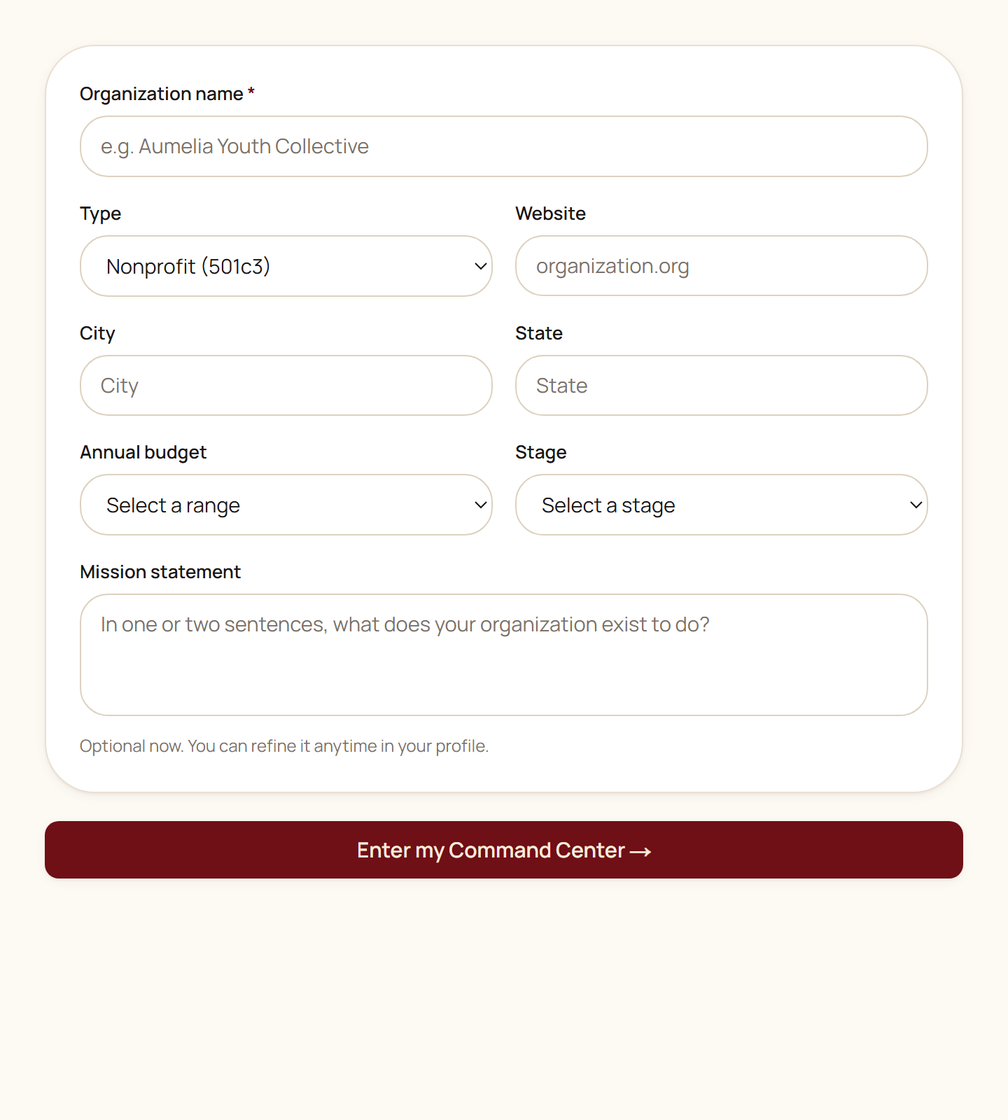 A form titled with fields for organization name, type, website, city, state, annual budget range, and organizational stage, above a button reading Enter my Command Center