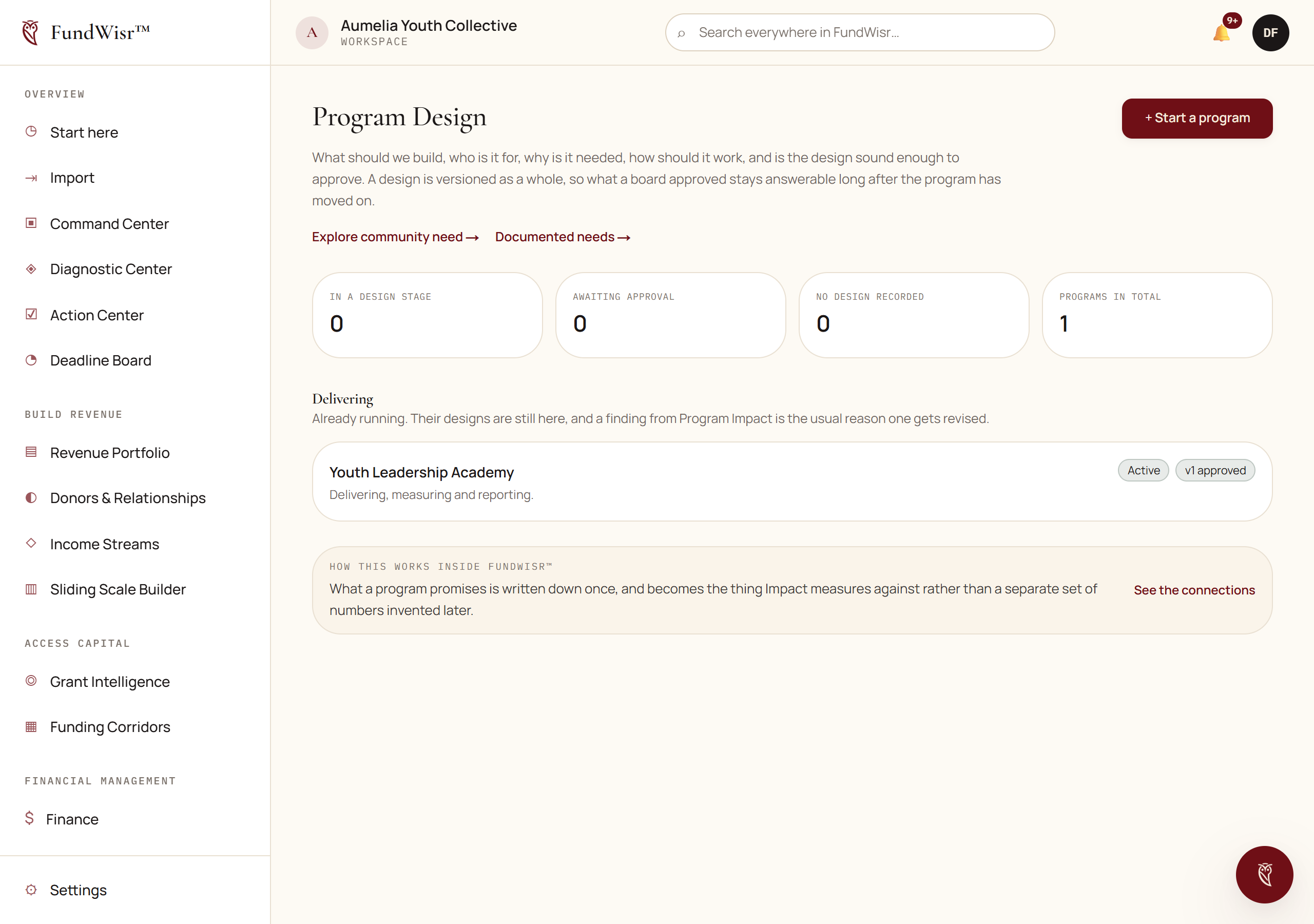 The Program Design workspace showing design versions with their statuses and the sections of a design