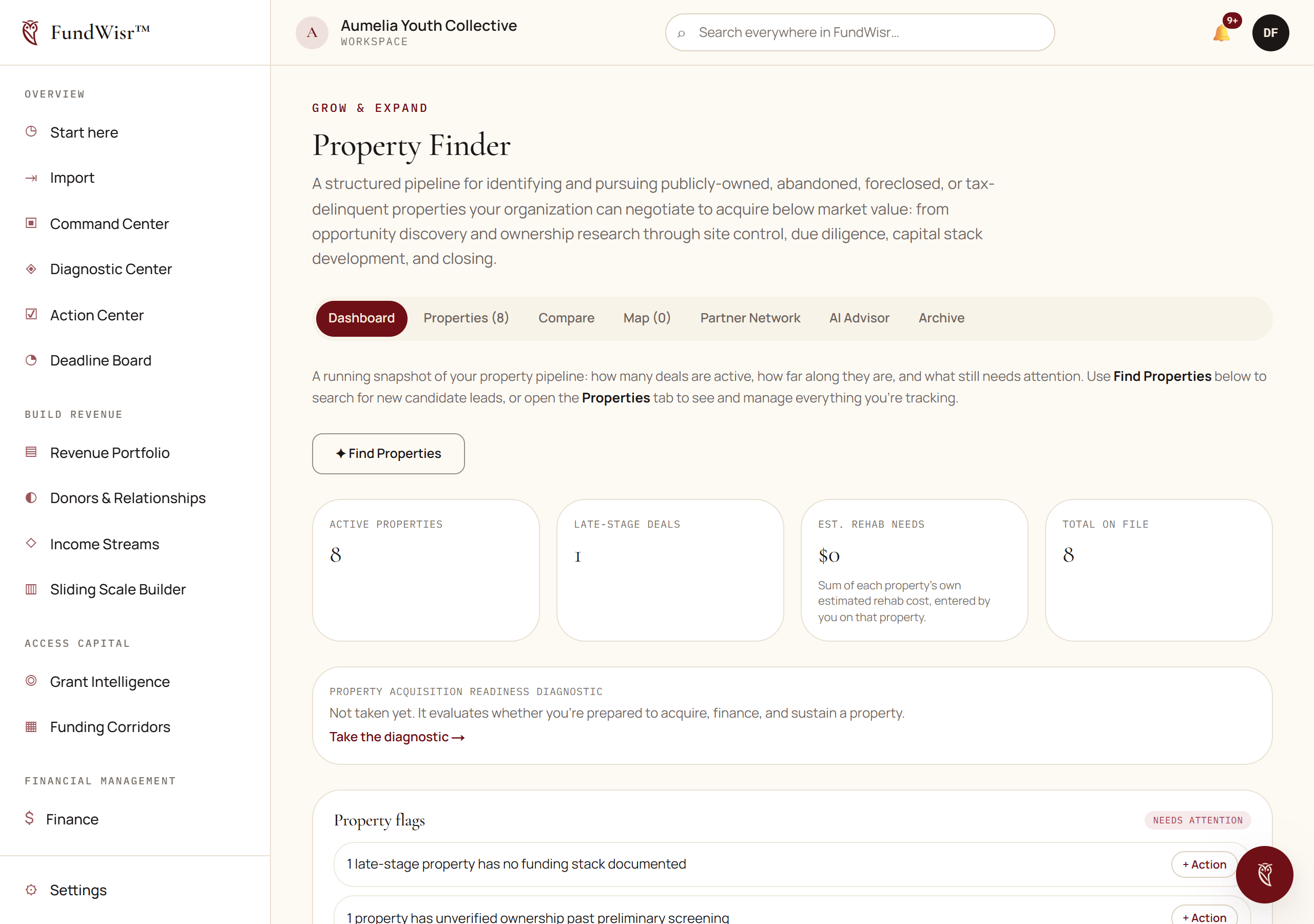 The Property Finder page showing property records with their deal stage, ownership evidence and availability confidence