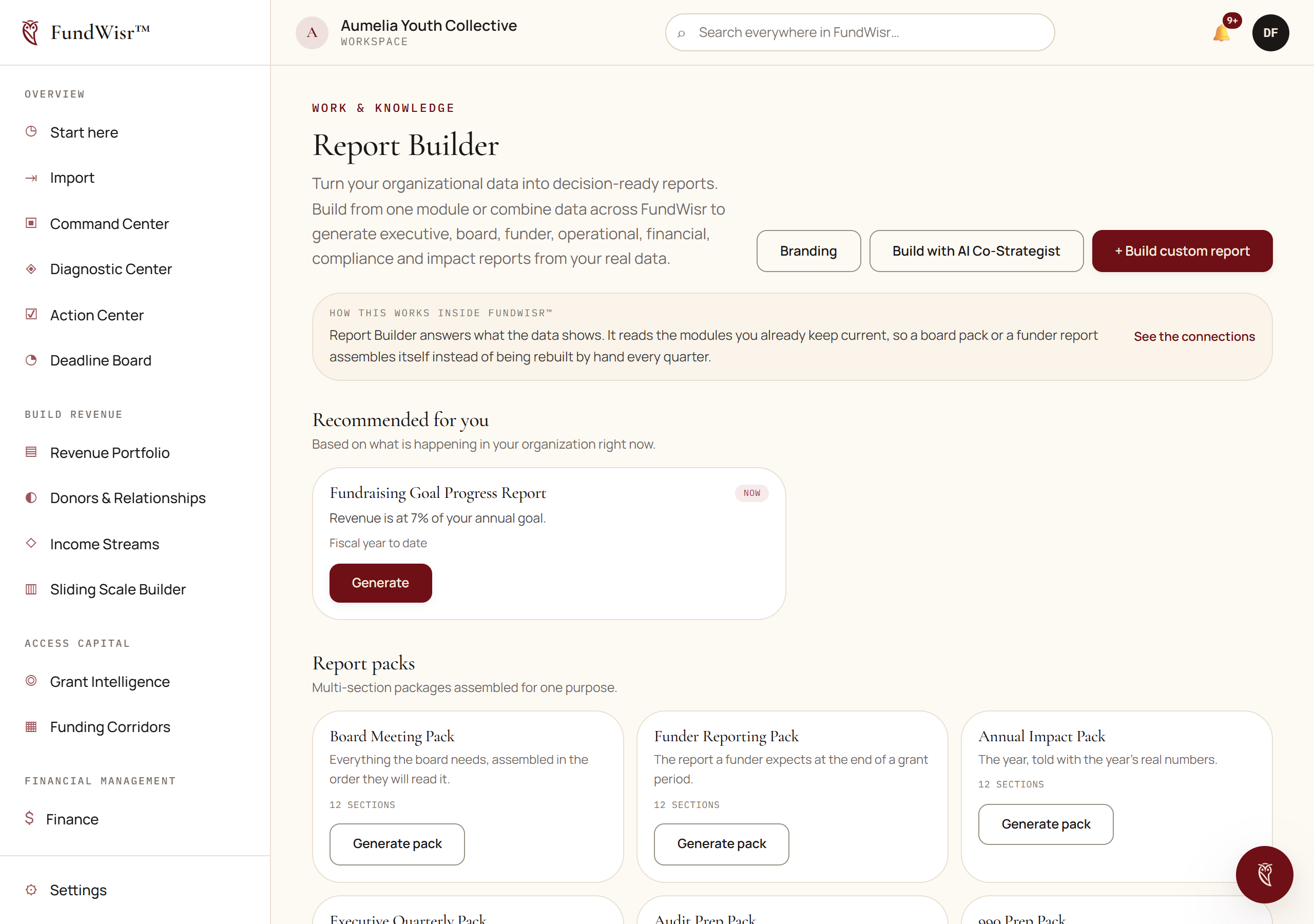The Report Builder page listing report definitions with their sources and schedules
