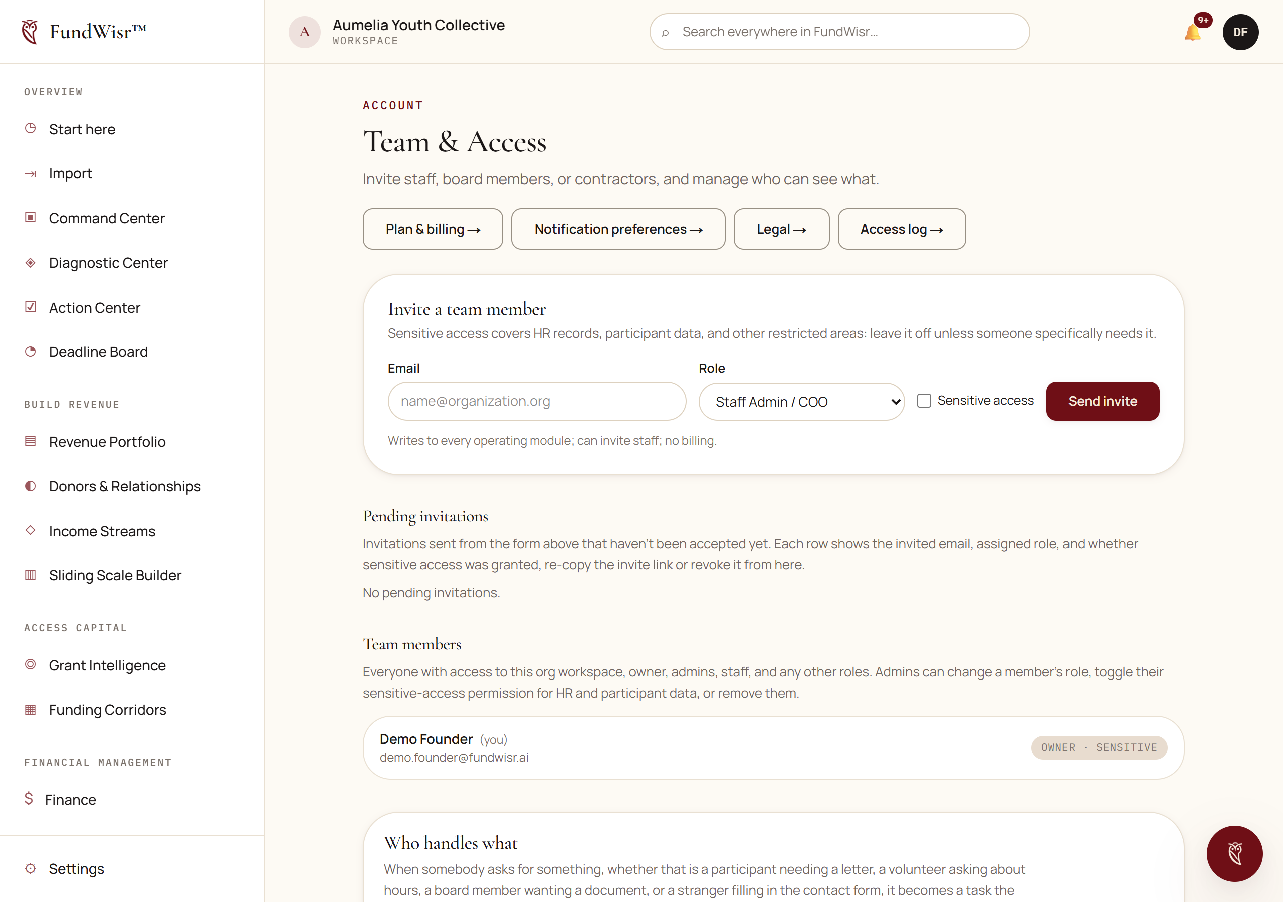 The Team and Access settings page listing members with their roles and access levels