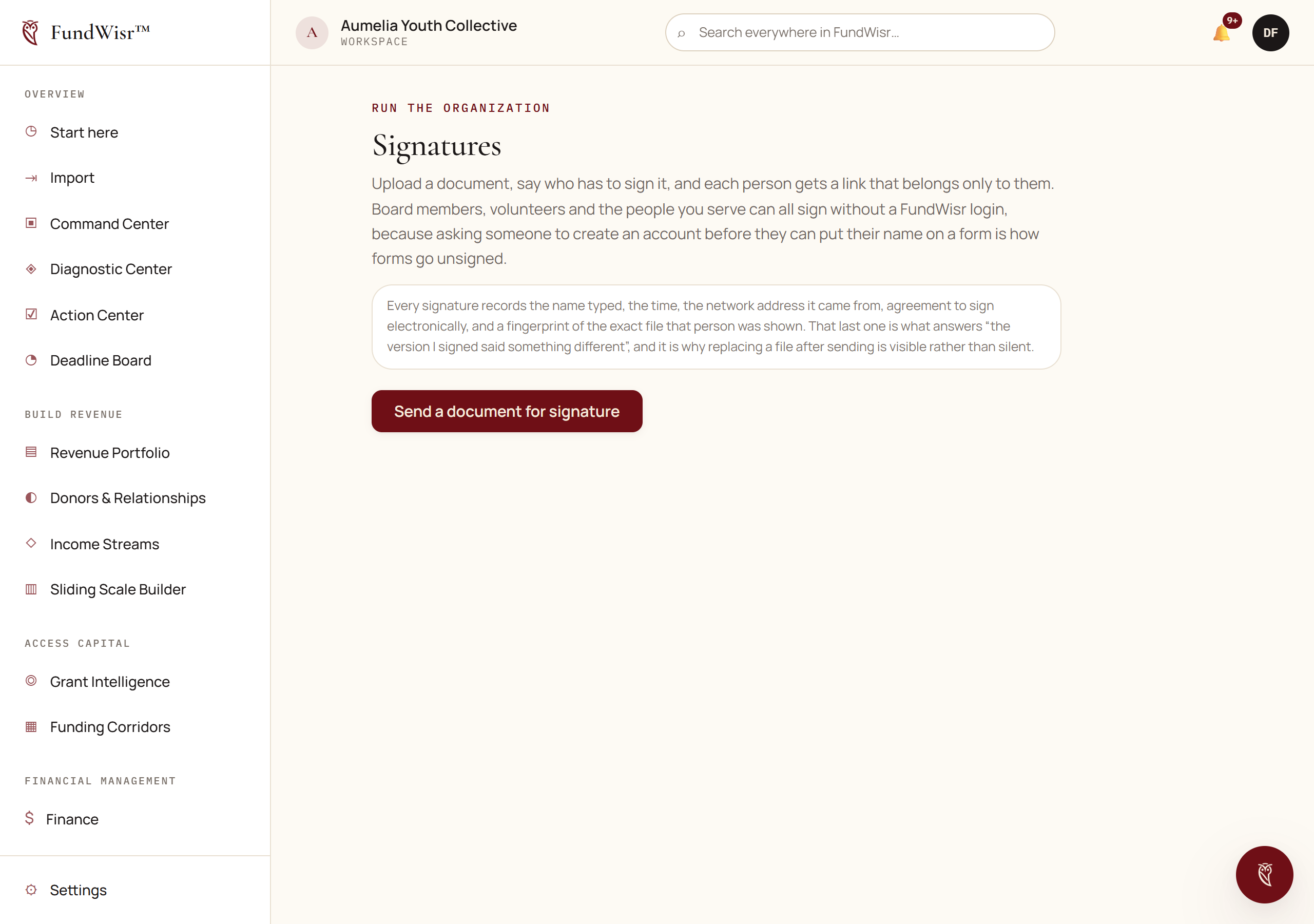 The Signatures page listing signature requests with their status and signers