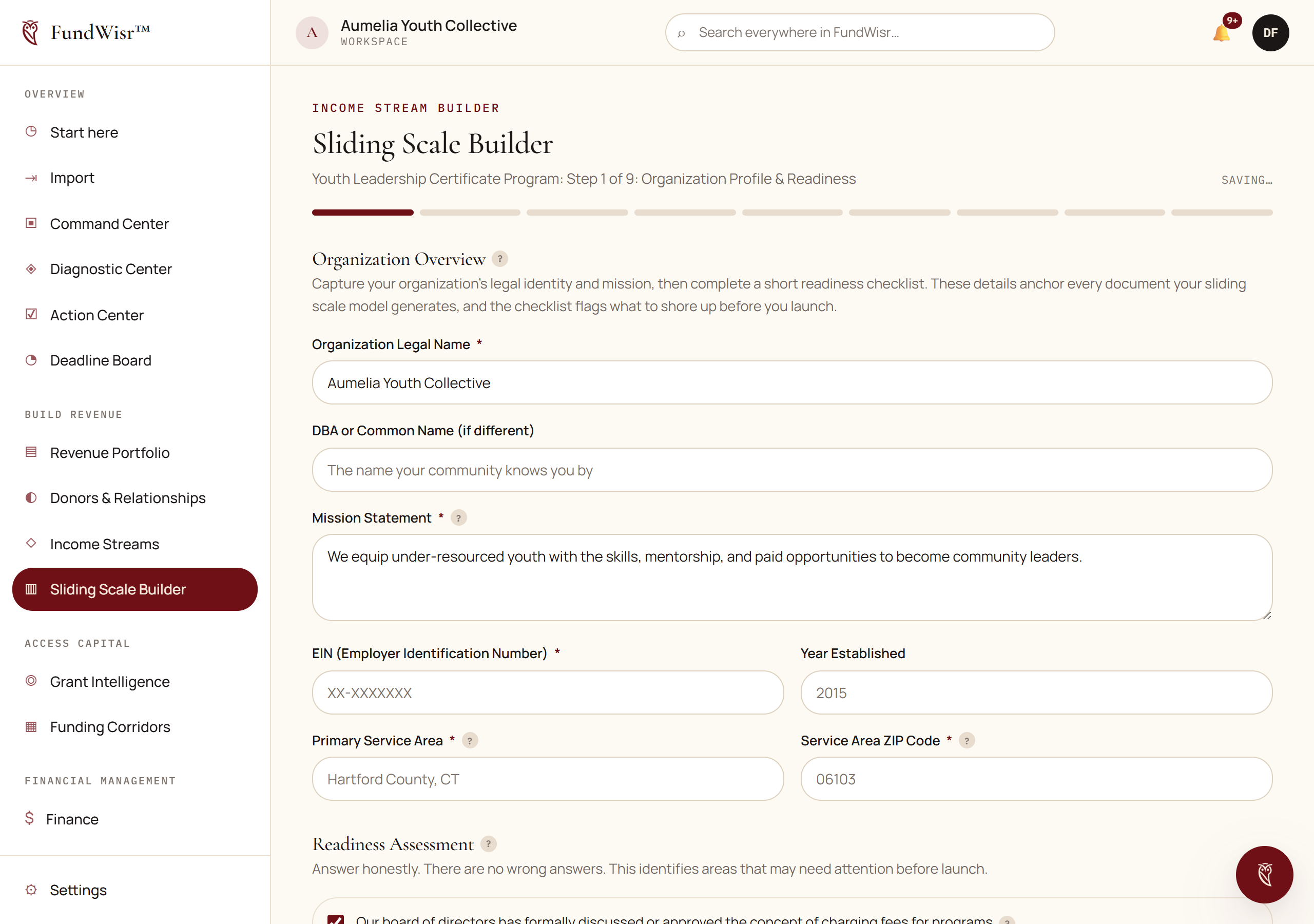 The Sliding Scale Builder wizard showing its numbered steps and the current step's fields