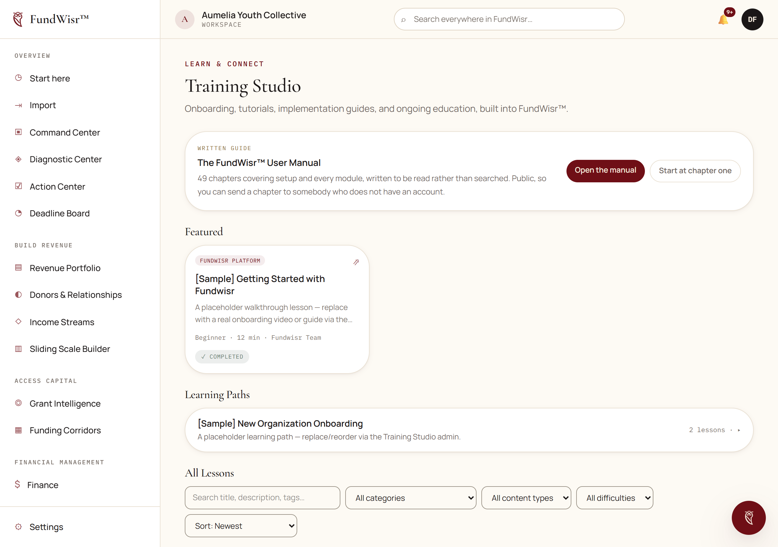 The Training Studio showing lesson cards and learning paths, with the user manual card above them