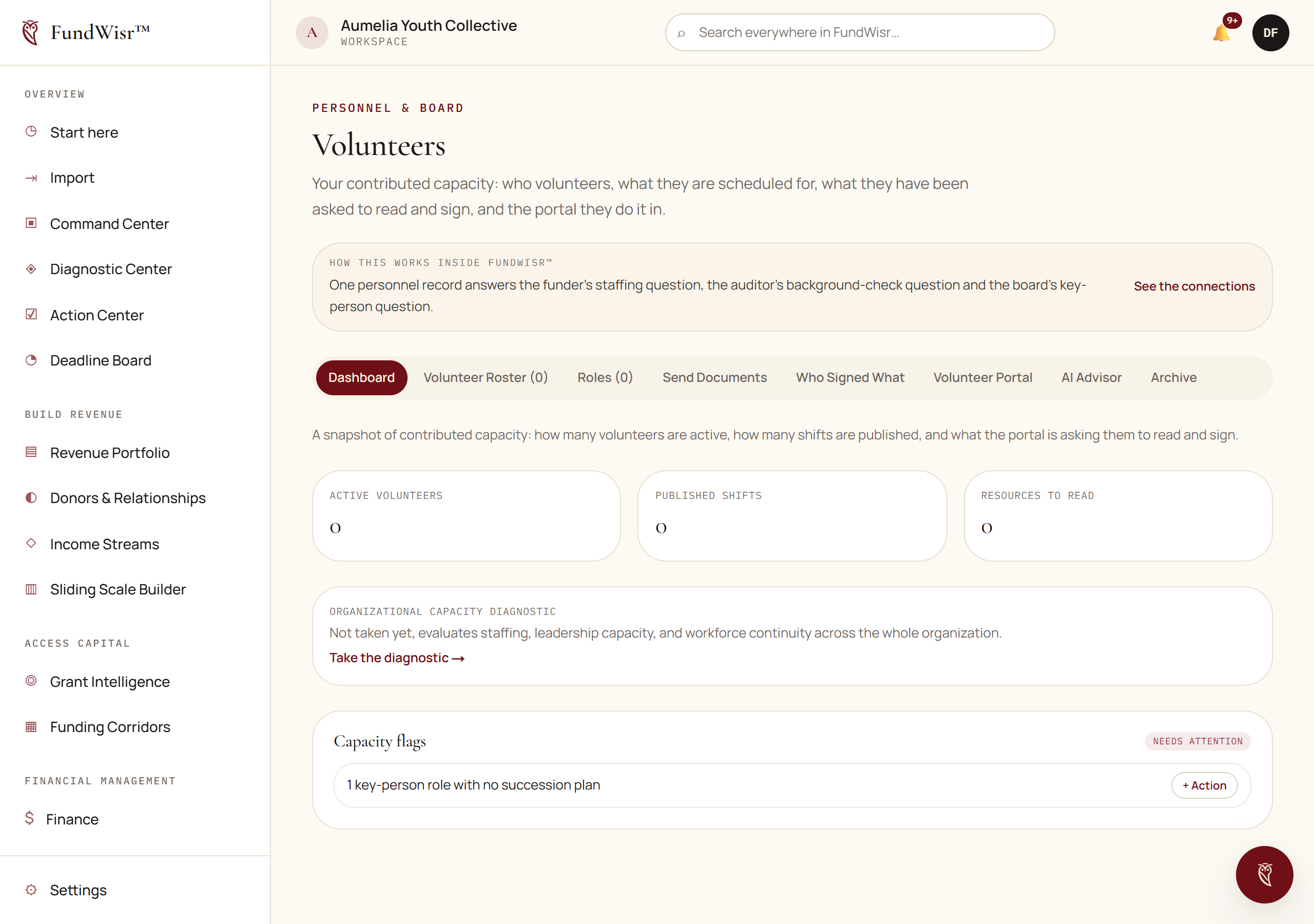 The Volunteers page showing volunteer records with status, roles and recorded hours